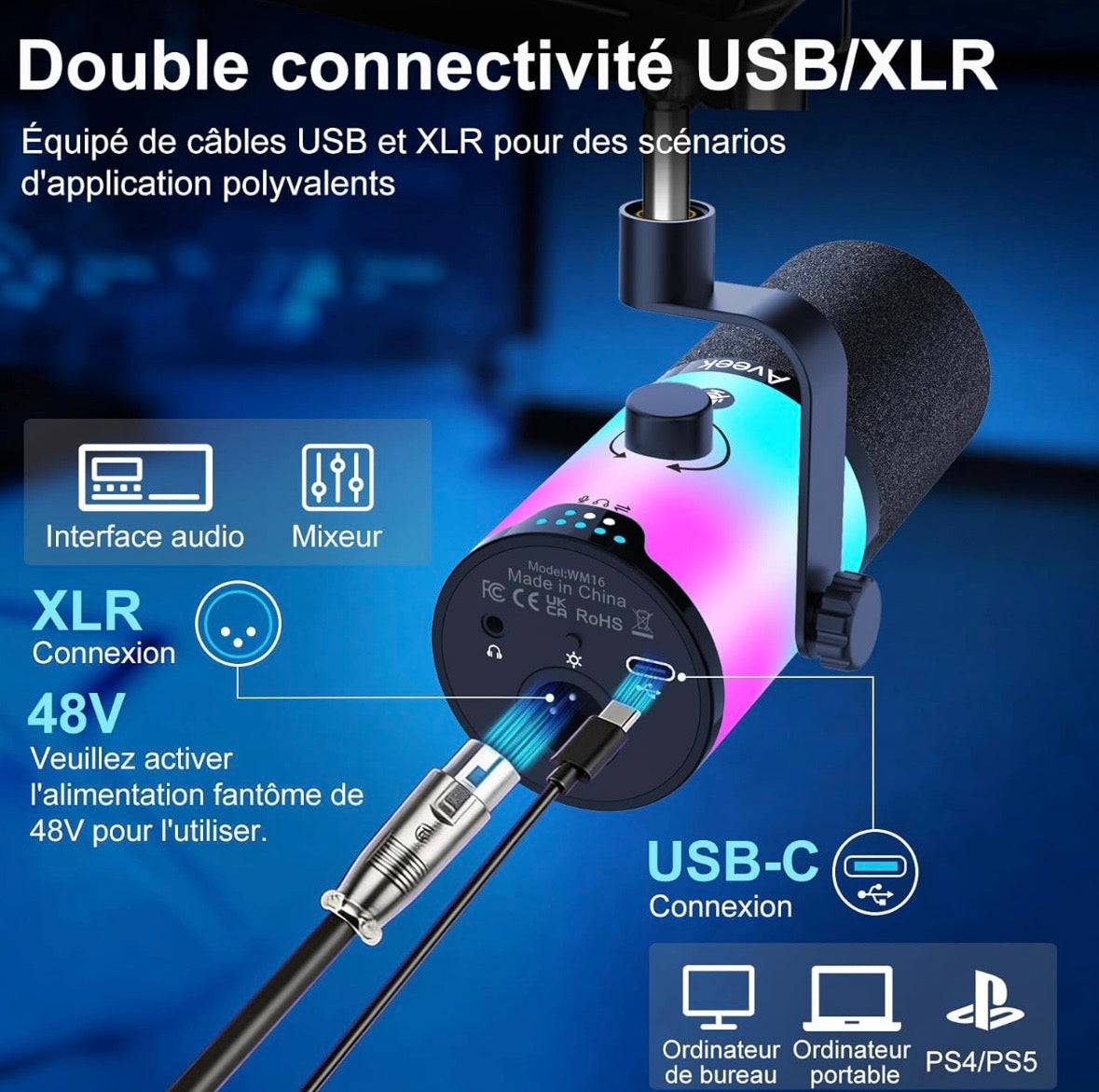 Aveek Microphone Gaming avec Bras Articulé